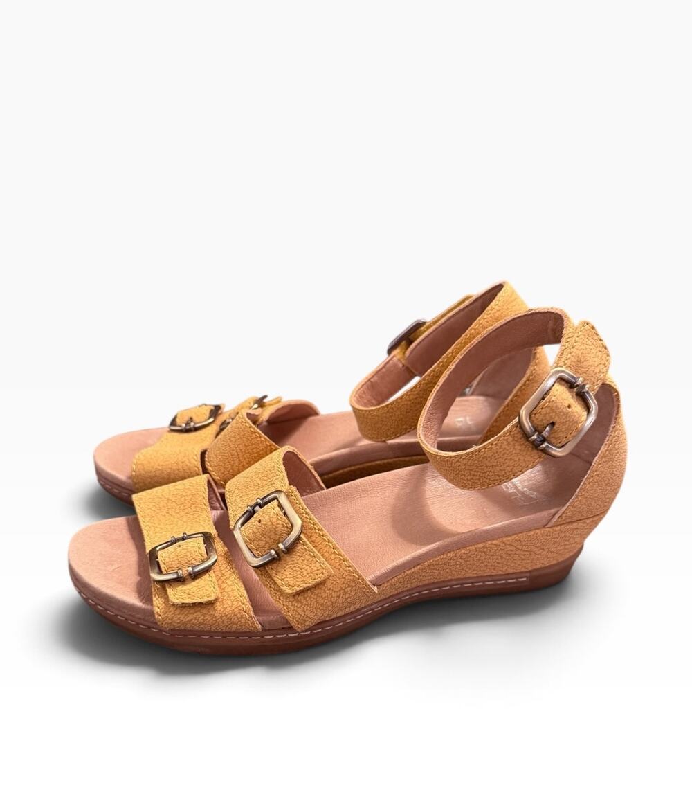 Dansko Yellow Suede Triple-Buckle Wedge Sandals
